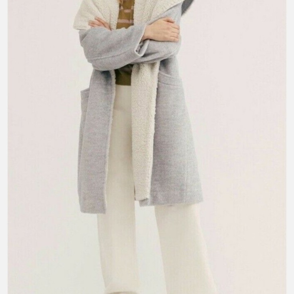 Free People Gray and Cream Teddy Jacket Cozy Oversized Fit